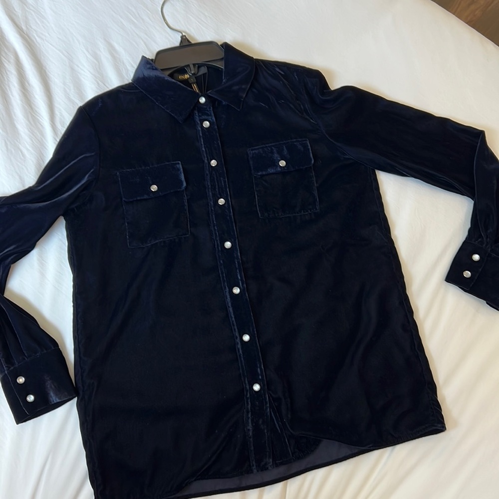 Maje Black Velvet Pearl-Button Shirt